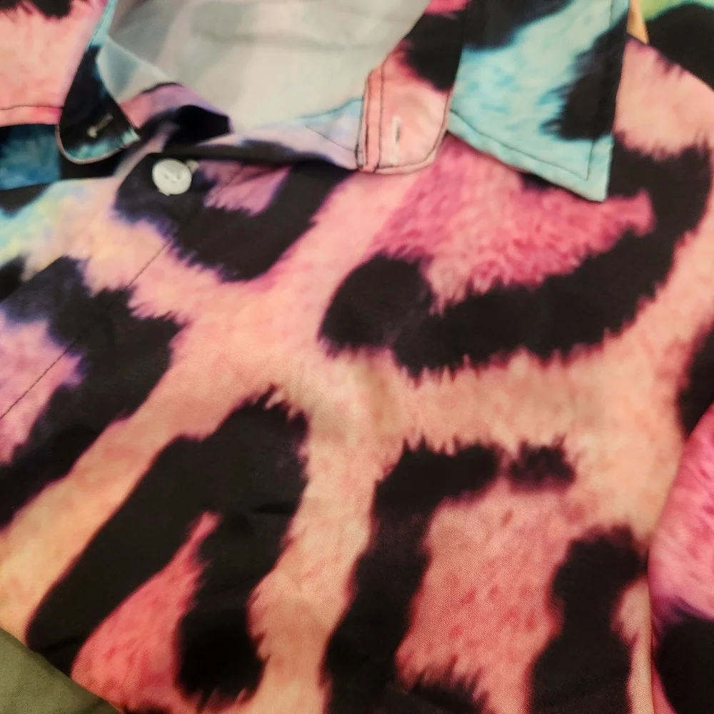 Green, Orange, Blue, & Black Colorful Leopard Print Button-Up Shirt. - Picture 2 of 9
